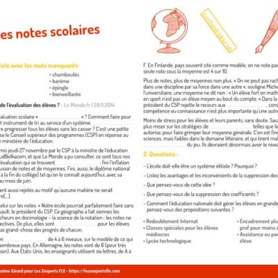 notes à l'école FLE