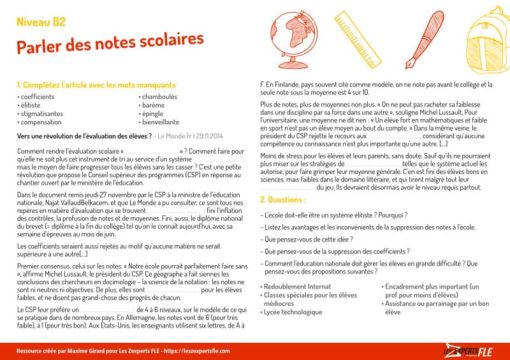 notes à l'école FLE