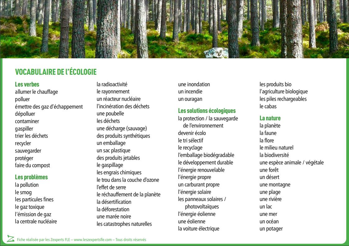 Liste de vocabulaire FLE - l'écologie