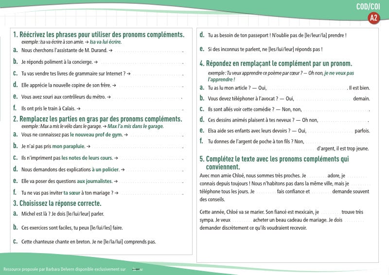 Pronoms COD/COI (A2) : exercices de grammaire en PDF