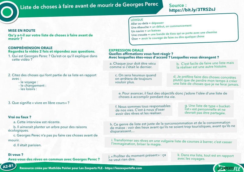 Discussion authentique : Liste des choses à faire avant de mourir de George Perec (A2/B1)