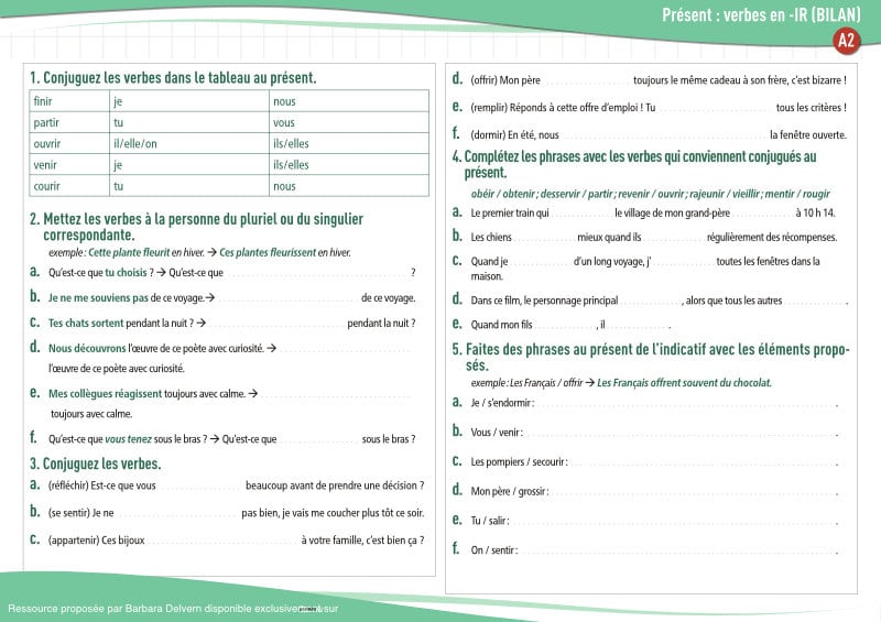 Présent : verbes en -IR (bilan) (A2) : exercices de grammaire en PDF