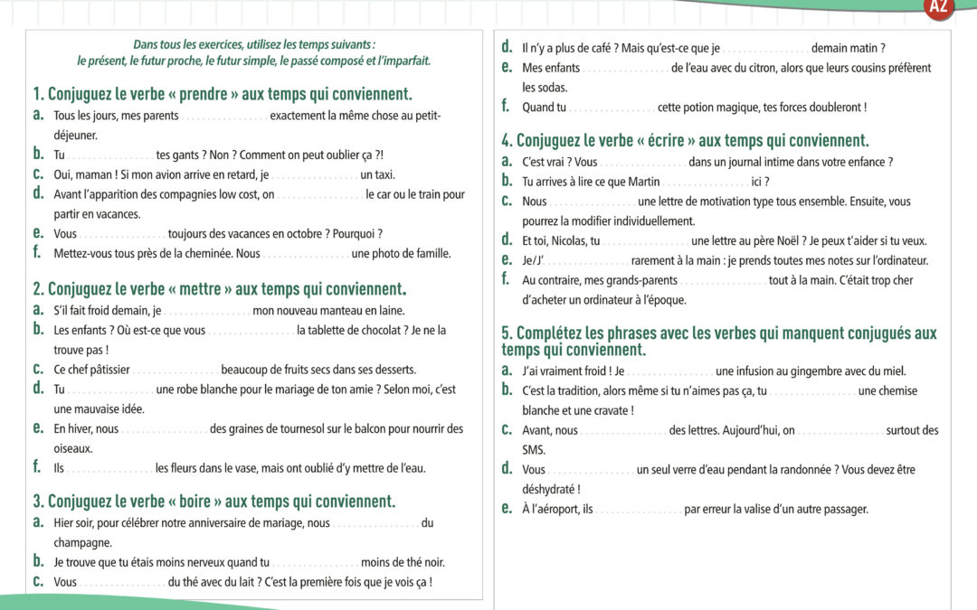 Verbes prendre, mettre, boire, écrire (indicatif) (A2) : exercices de grammaire en PDF