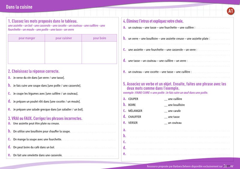 Dans la cuisine (A1) : exercices de vocabulaire en PDF