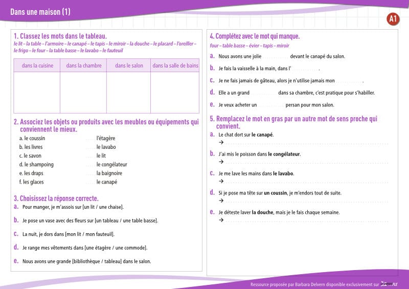 Dans une maison (A1) : exercices de vocabulaire en PDF