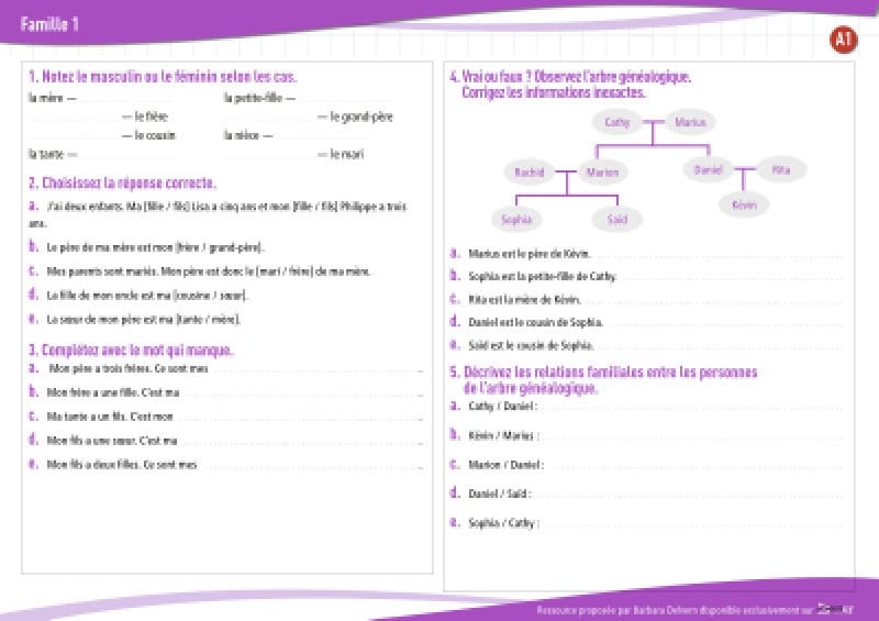 Famille (A1) : exercices de vocabulaire en PDF