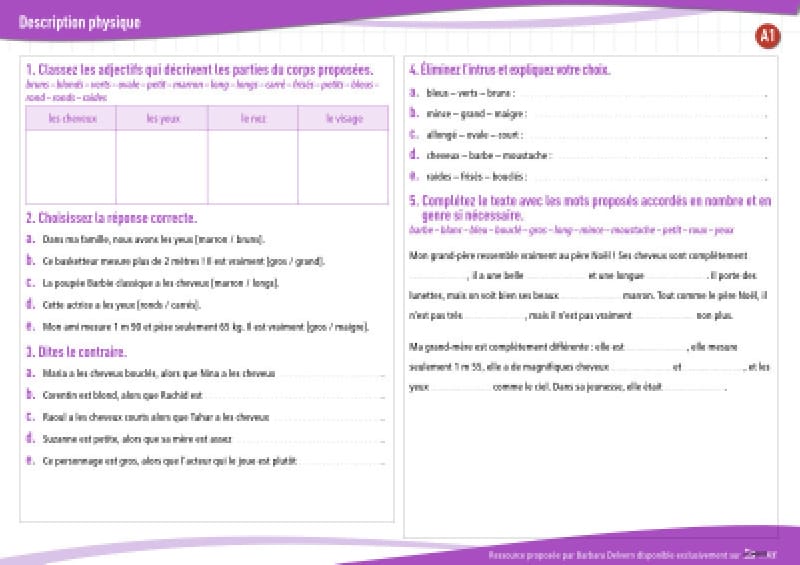 Description physique (A1) : exercices de vocabulaire en PDF